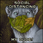 A headshot of a lioness wearing a mask made of leaves. The caption says: 'Social Distancing, My Dude!'